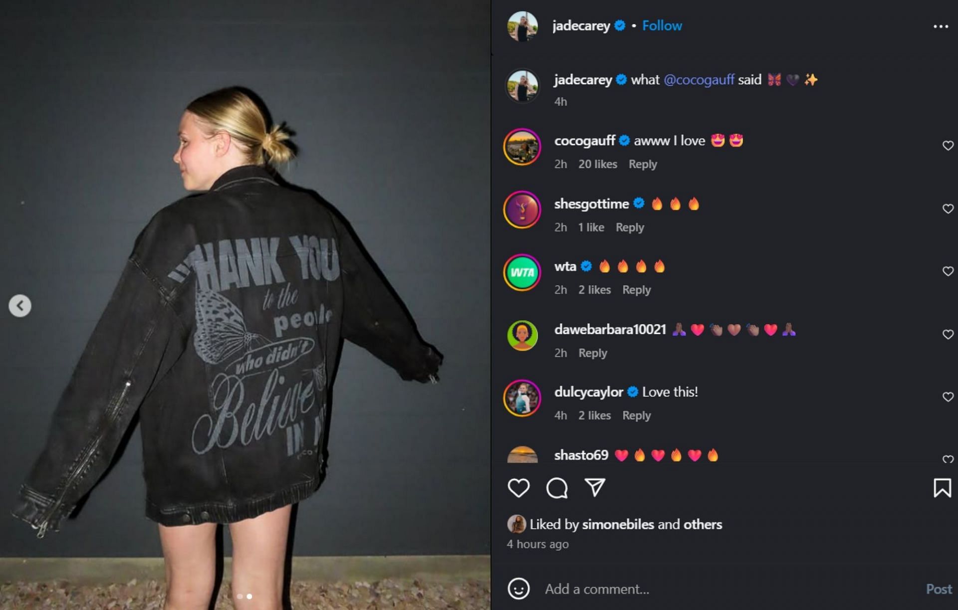 Gauff reacts to Carey's pictures; Instagram - @jadecarey
